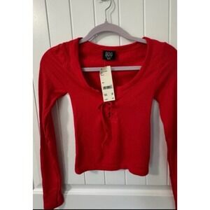 BDG Red Ribbed Lace Up Long Sleeve Crop Top NWT SZ XS/S